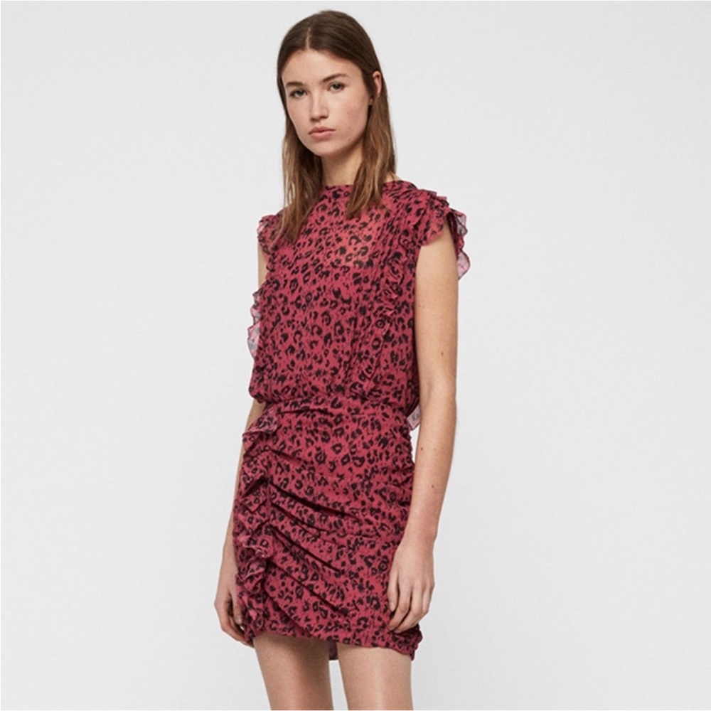 ALL SAINTS Hali Roar Ruched Leopard Print Mini Dress - Size 6